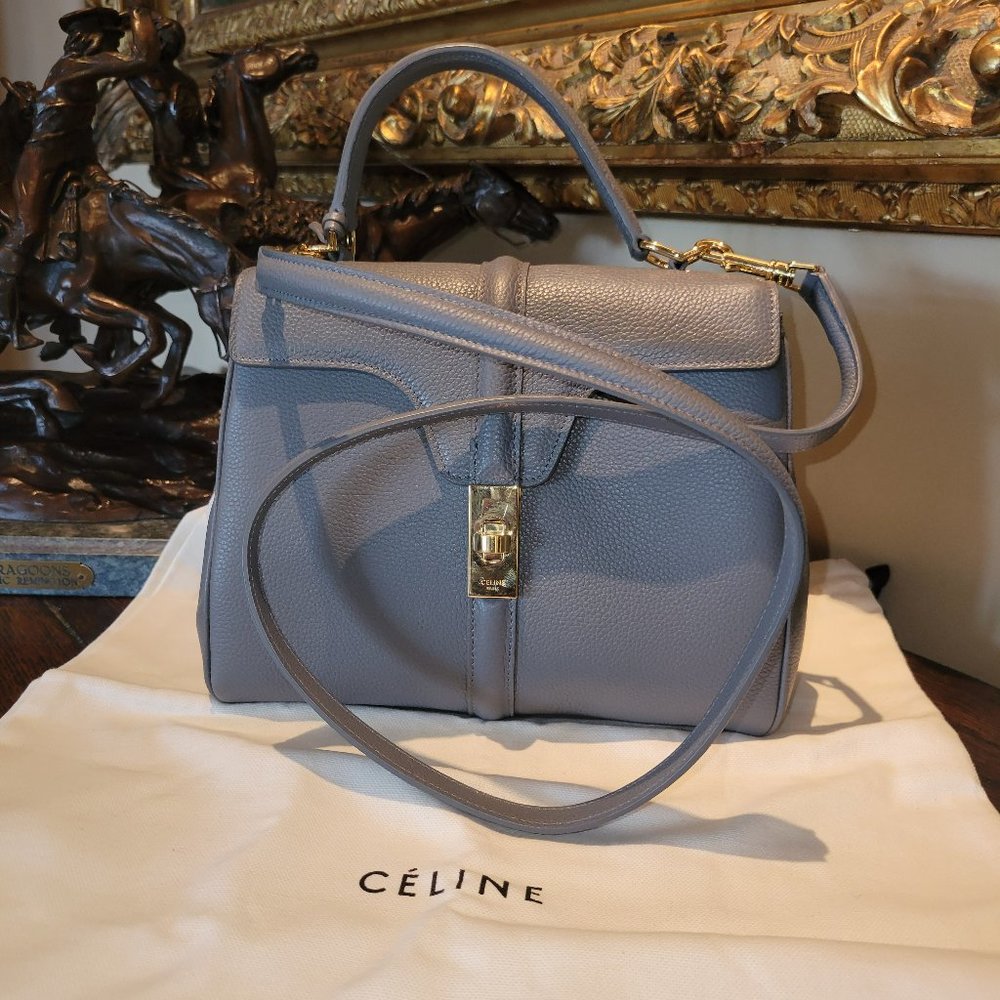 Celine Gray Leather Top Handle Satchel with Gold Hardware